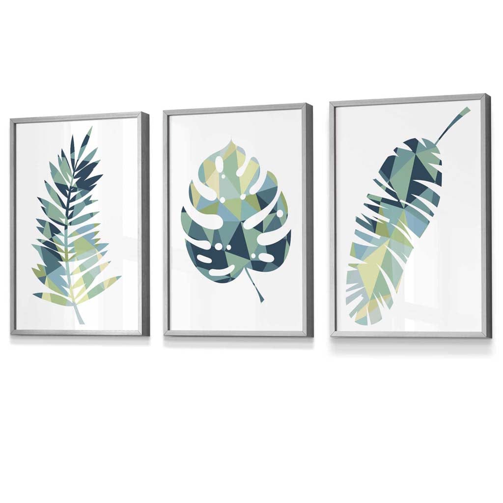 Framed Set of 3 Teal Blue Tropical Leaf Prints | Artze Wall Art UK