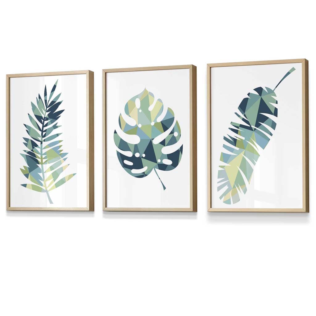 Framed Set of 3 Teal Blue Tropical Leaf Prints | Artze Wall Art UK
