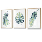 Framed Set of 3 Teal Blue Tropical Leaf Prints | Artze Wall Art UK