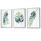 Framed Set of 3 Teal Blue Tropical Leaf Prints | Artze Wall Art UK