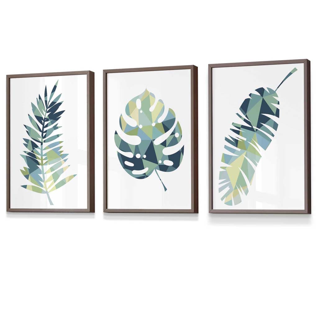 Framed Set of 3 Teal Blue Tropical Leaf Prints | Artze Wall Art UK