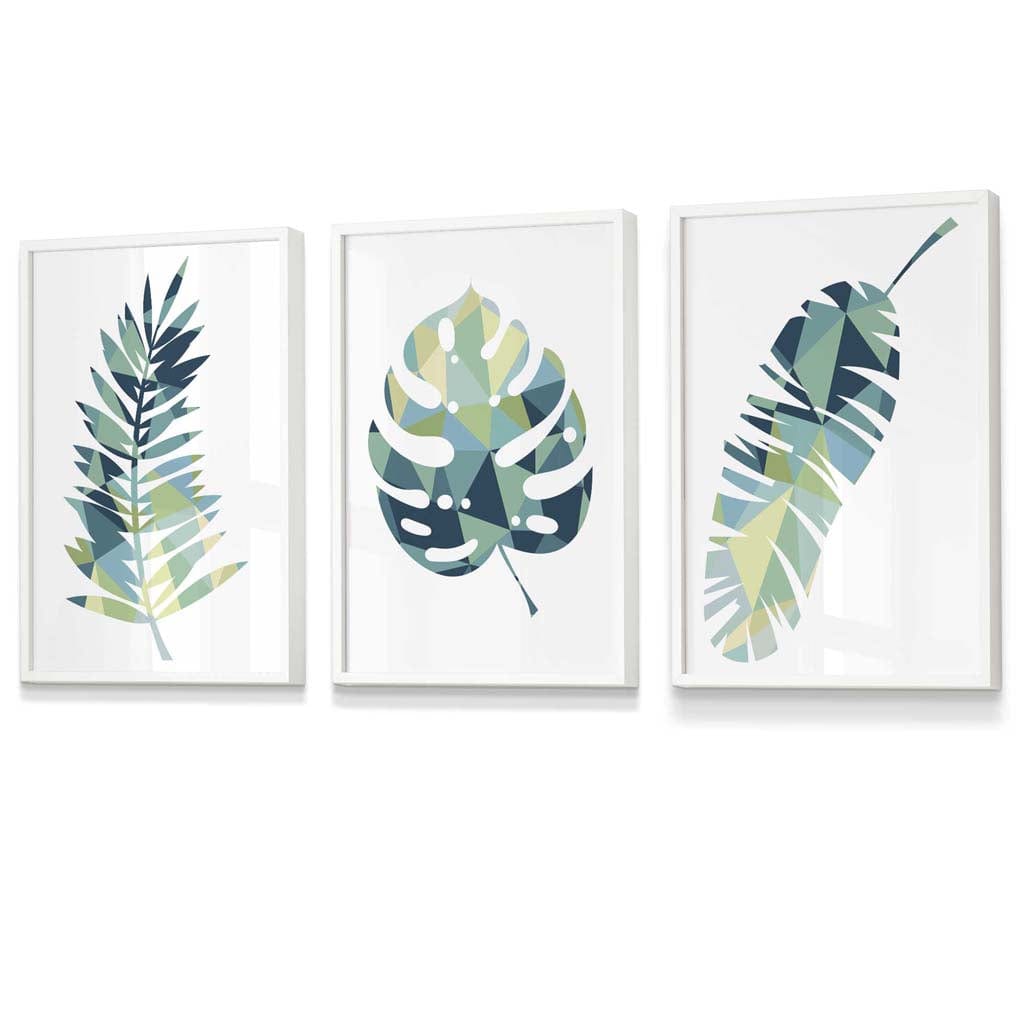 Framed Set of 3 Teal Blue Tropical Leaf Prints | Artze Wall Art UK