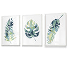 Framed Set of 3 Teal Blue Tropical Leaf Prints | Artze Wall Art UK