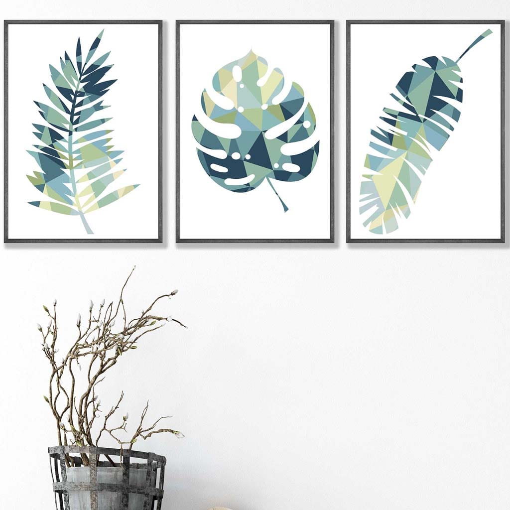Set of 3 Tropical Teal Green LEAF Art Prints