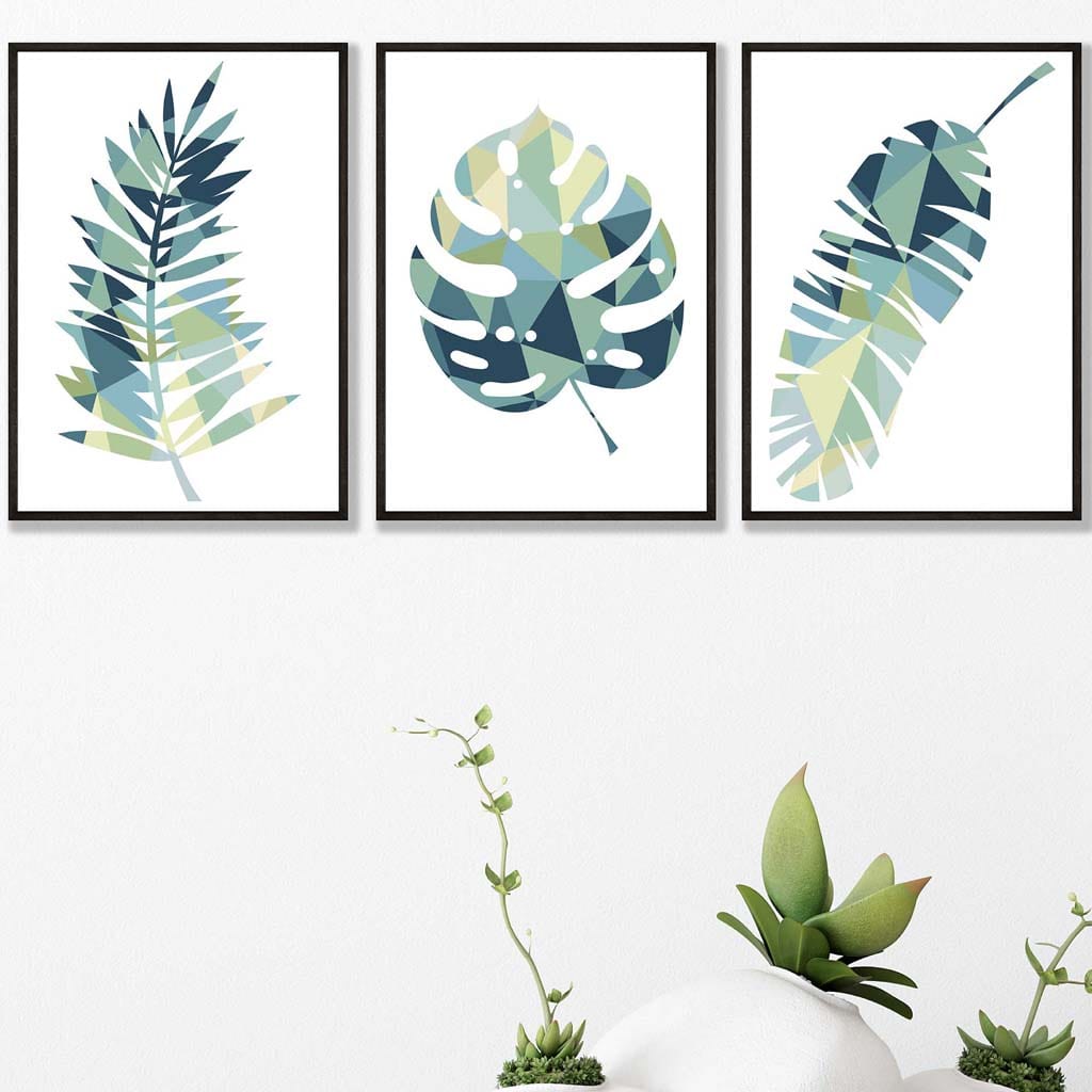 Set of 3 Tropical Teal Green LEAF Art Prints