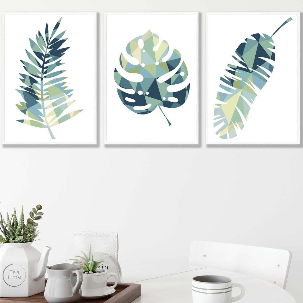 Set of 3 Tropical Teal Green LEAF Art Prints