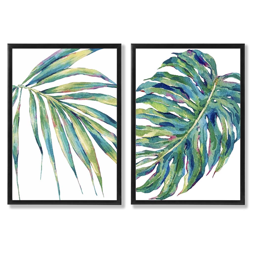 Green Monstera Papyrus Watercolour Set of 2 Art Prints with Black Frame
