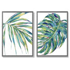 Green Monstera Papyrus Watercolour Set of 2 Art Prints with Dark Grey Frame