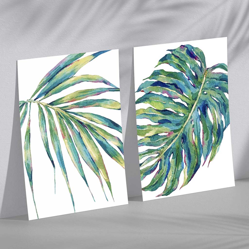 Green Monstera Papyrus Watercolour Set of 2 Art Prints