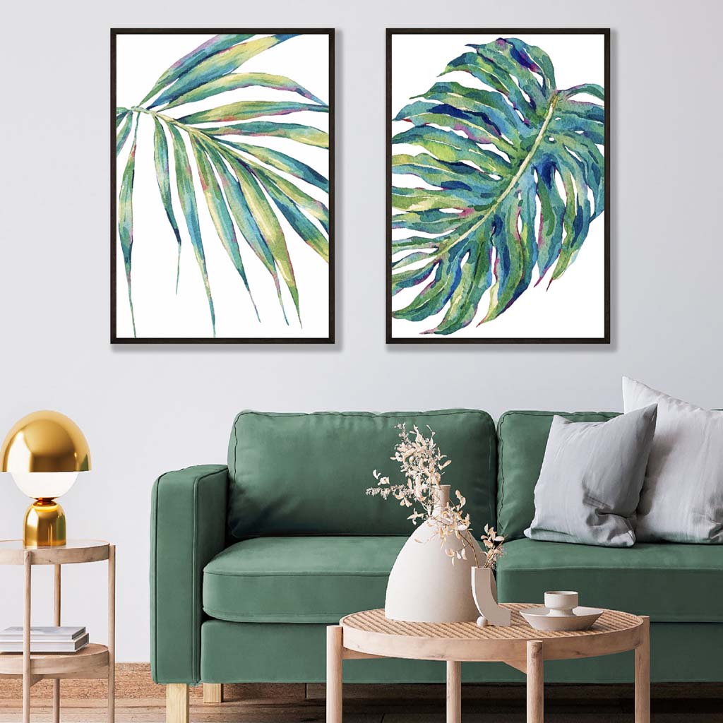 Green Monstera and Papyrus Tropical Leaves Watercolour Set of 2 Art Prints | Artze Wall Art UK