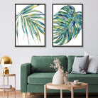 Green Monstera and Papyrus Tropical Leaves Watercolour Set of 2 Art Prints | Artze Wall Art UK