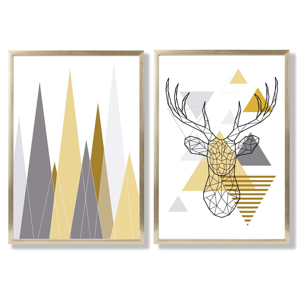 Geometric Yellow and Grey Stag and Mountains Set of 2 Art Prints with Gold Frame