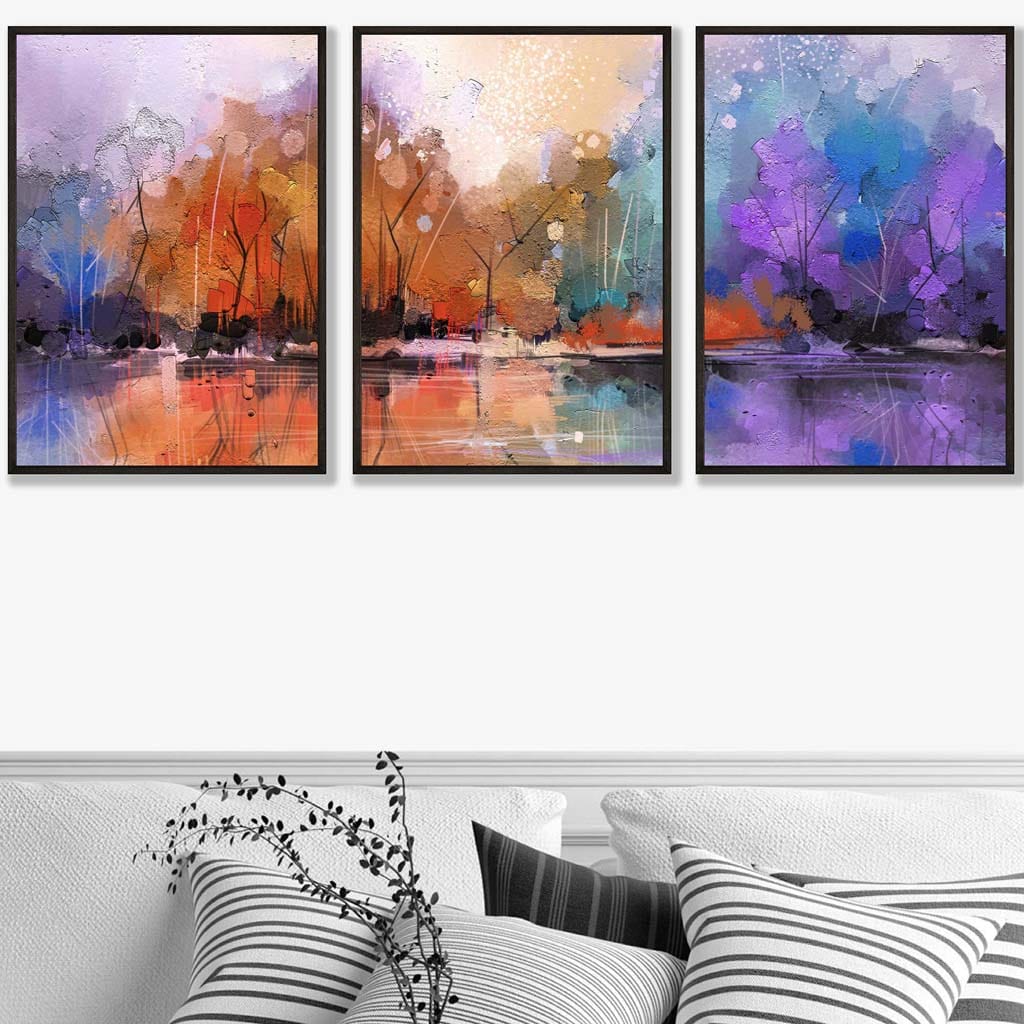 Set of 3 Abstract Purple Orange Violet Dawn Wall Art Prints