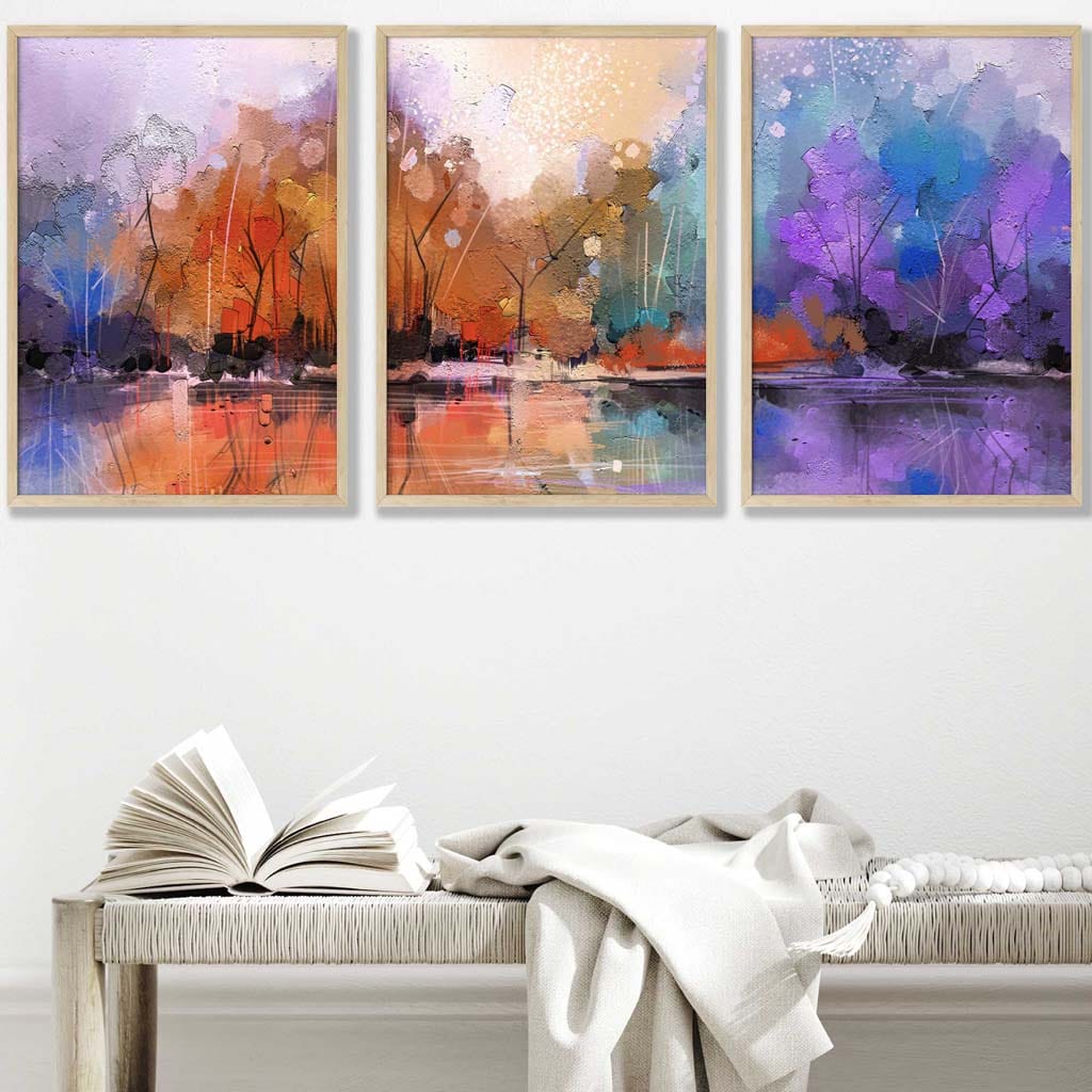 Set of 3 Abstract Purple Orange Violet Dawn Wall Art Prints