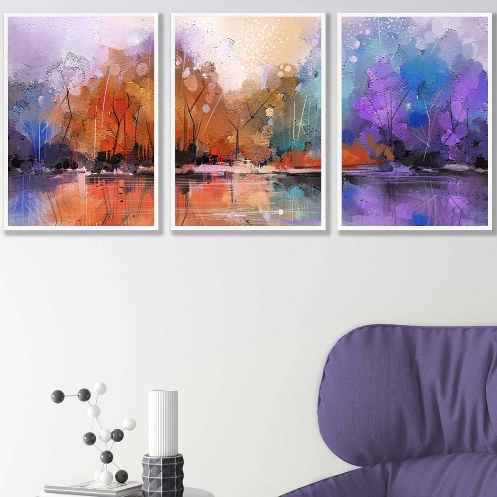 Set of 3 Abstract Purple Orange Violet Dawn Wall Art Prints