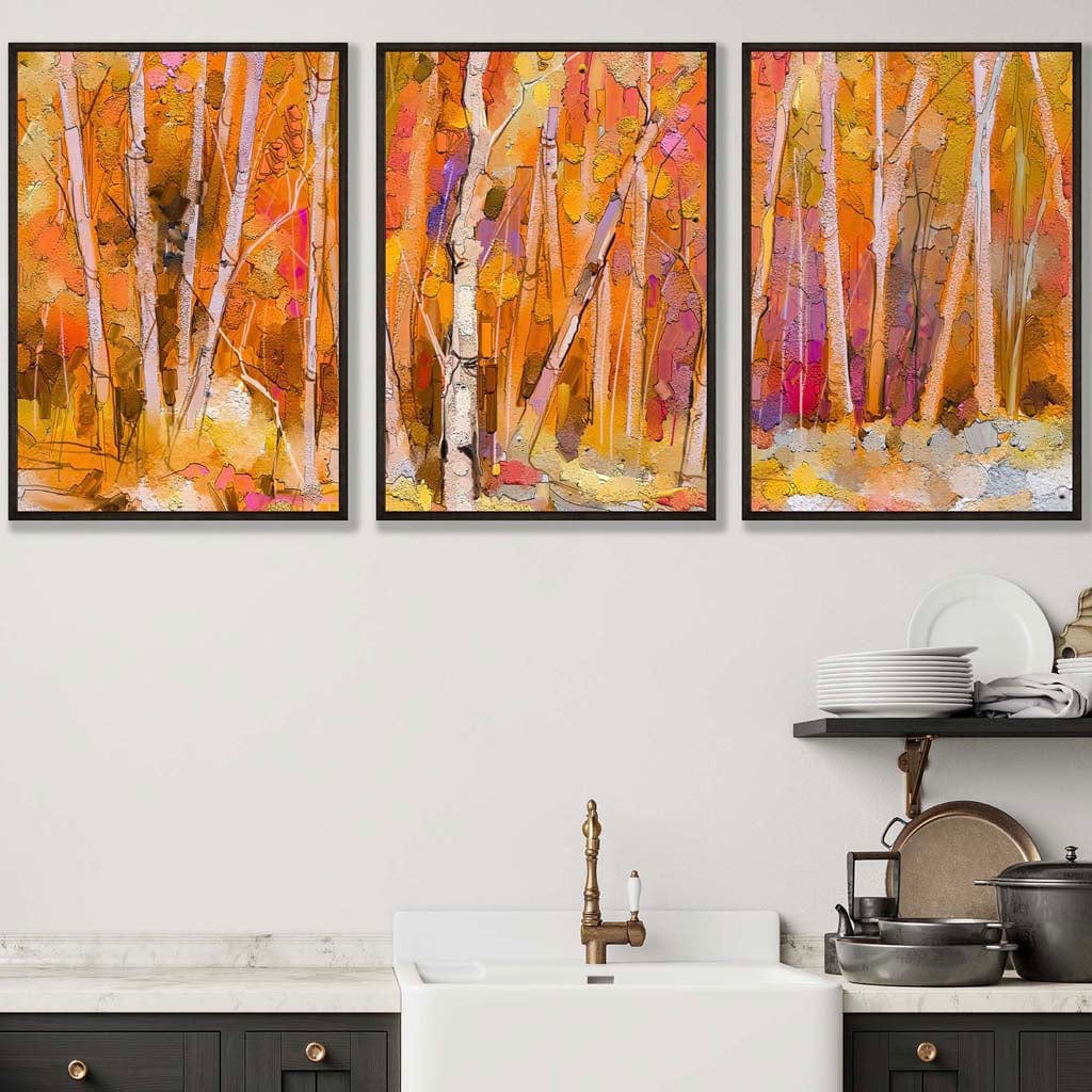 Set of 3 Abstract Autumn Trees in Orange Wall Art Prints