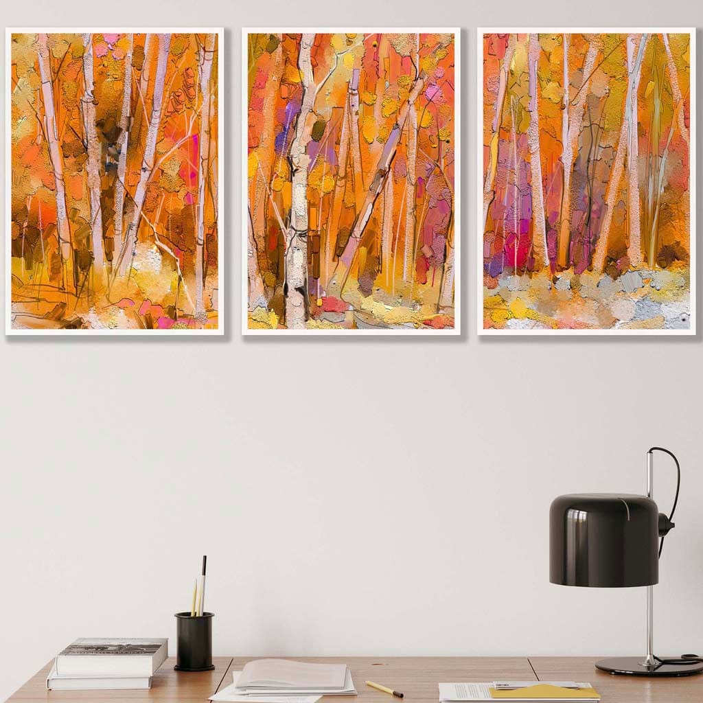 Set of 3 Abstract Autumn Trees in Orange Wall Art Prints