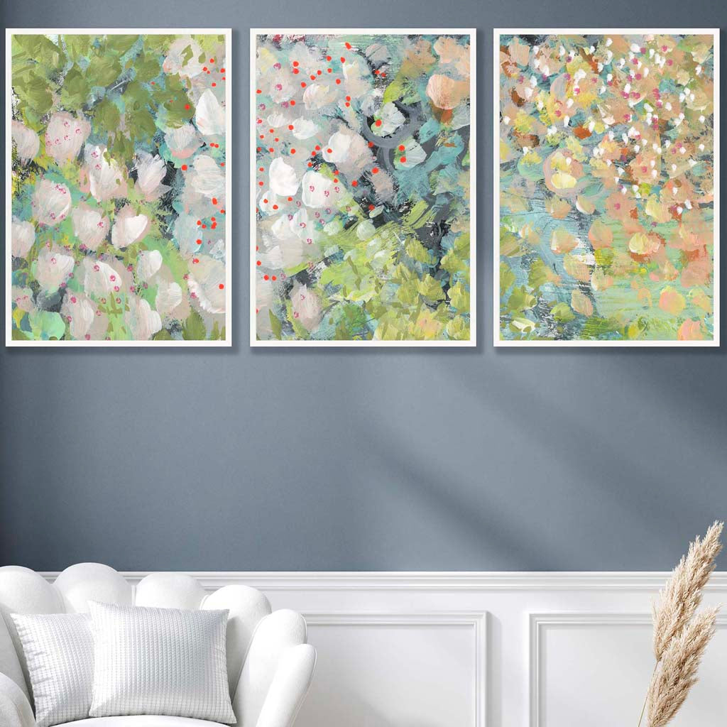 Set of 3 Abstract Cottage Garden Flowers in Green Wall Art Prints