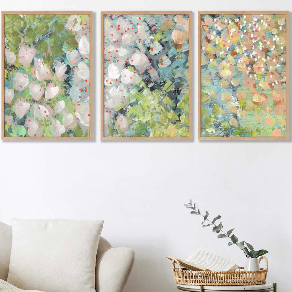 Set of 3 Abstract Cottage Garden Flowers in Green Wall Art Prints