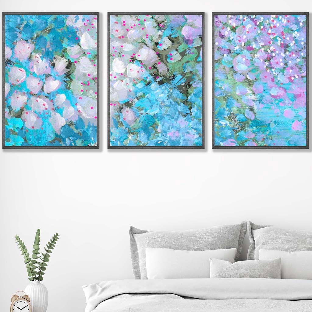 Set of 3 Abstract Cottage Garden Flowers in Blue Wall Art Prints