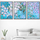Set of 3 Abstract Cottage Garden Flowers in Blue Wall Art Prints