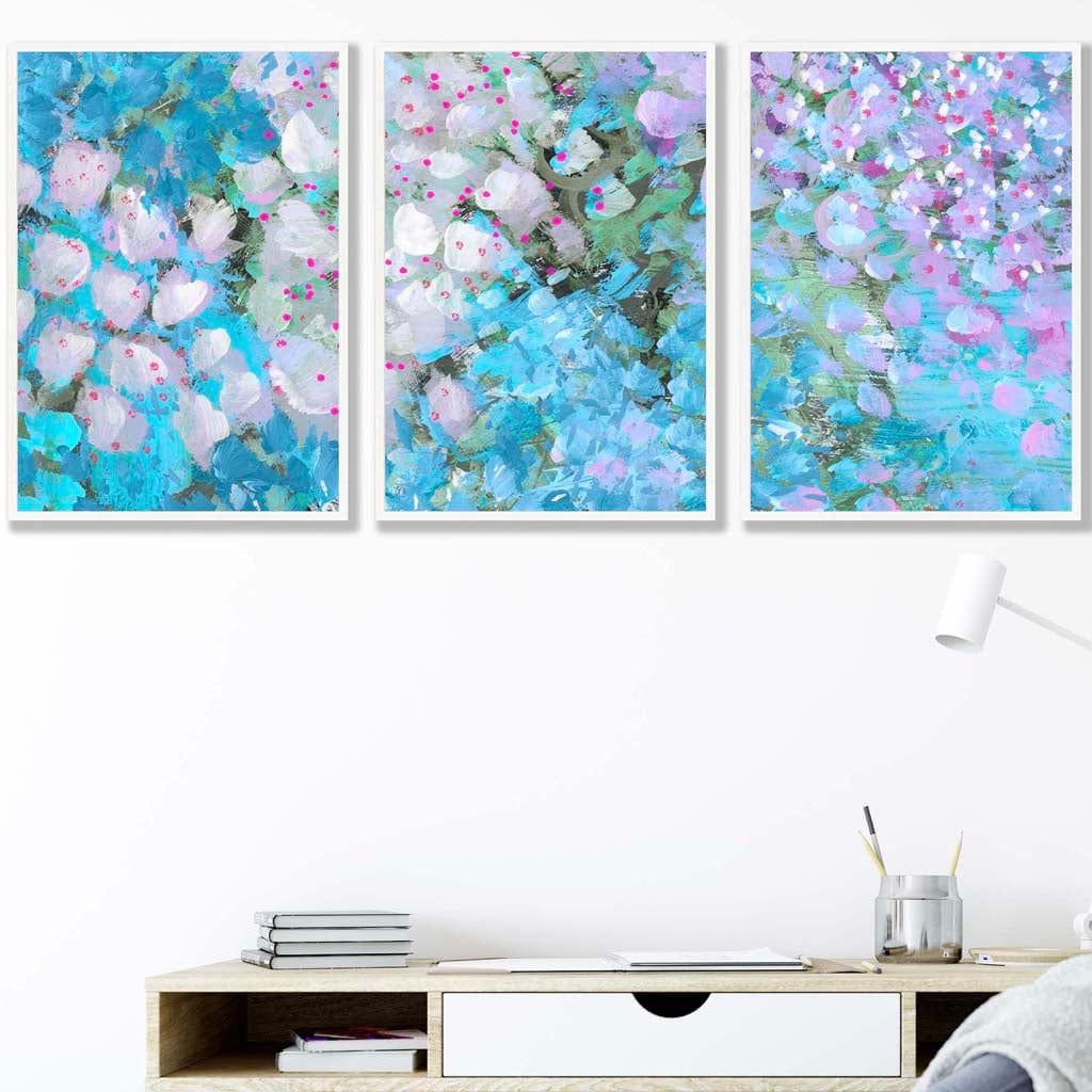 Set of 3 Abstract Cottage Garden Flowers in Blue Wall Art Prints