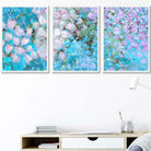 Set of 3 Abstract Cottage Garden Flowers in Blue Wall Art Prints