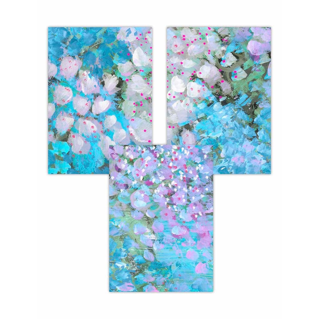Set of 3 Abstract Cottage Garden Flowers in Blue Wall Art Prints