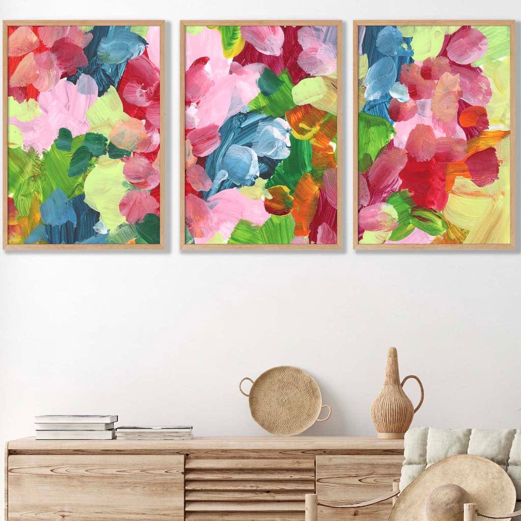 Set of 3 Abstract Wild Garden Flowers in Blue and Pink Wall Art Prints