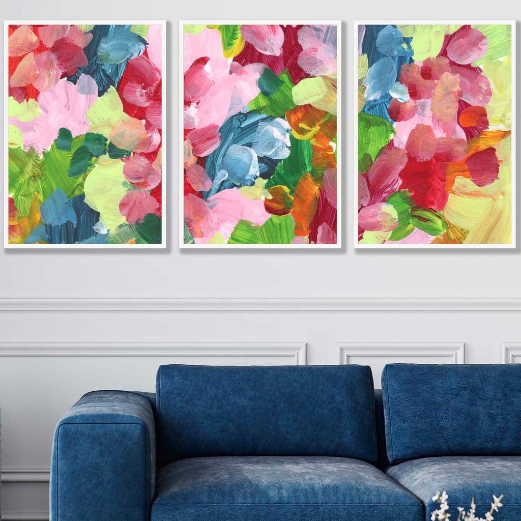 Set of 3 Abstract Wild Garden Flowers in Blue and Pink Wall Art Prints