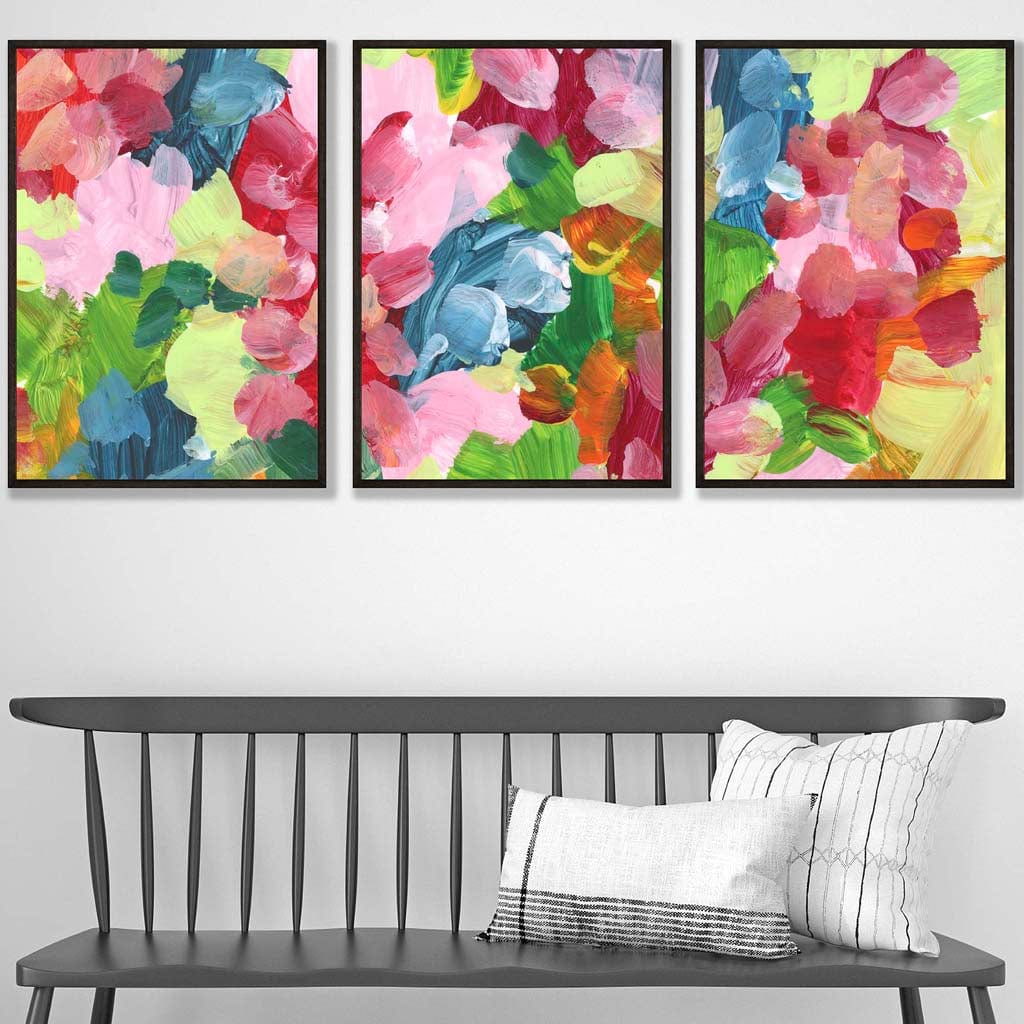 Set of 3 Abstract Wild Garden Flowers in Blue and Pink Wall Art Prints