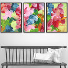 Set of 3 Abstract Wild Garden Flowers in Blue and Pink Wall Art Prints