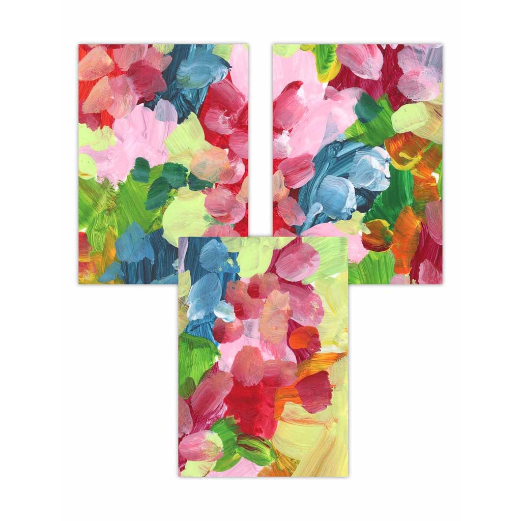 Set of 3 Abstract Wild Garden Flowers in Blue and Pink Wall Art Prints