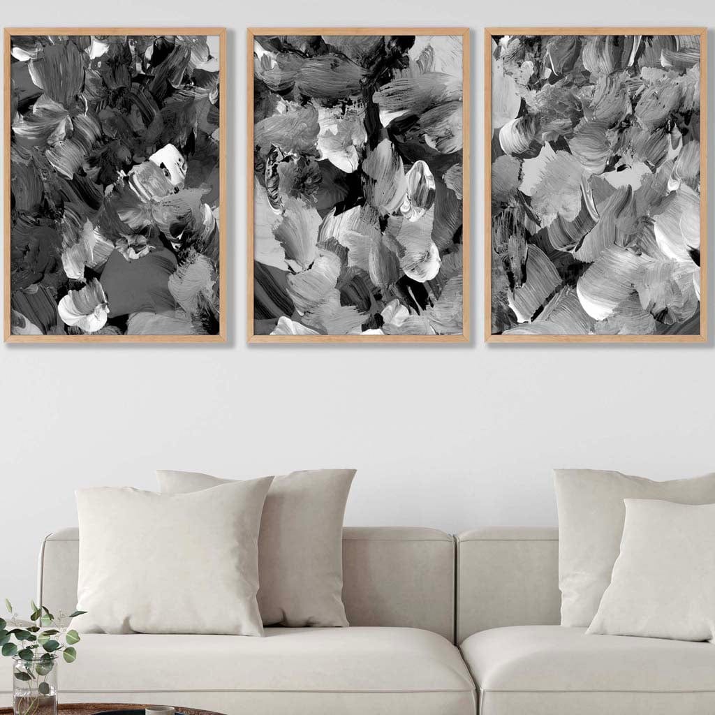 Set of 3 Abstract Wild Garden Flowers in Black and Grey Wall Art Prints