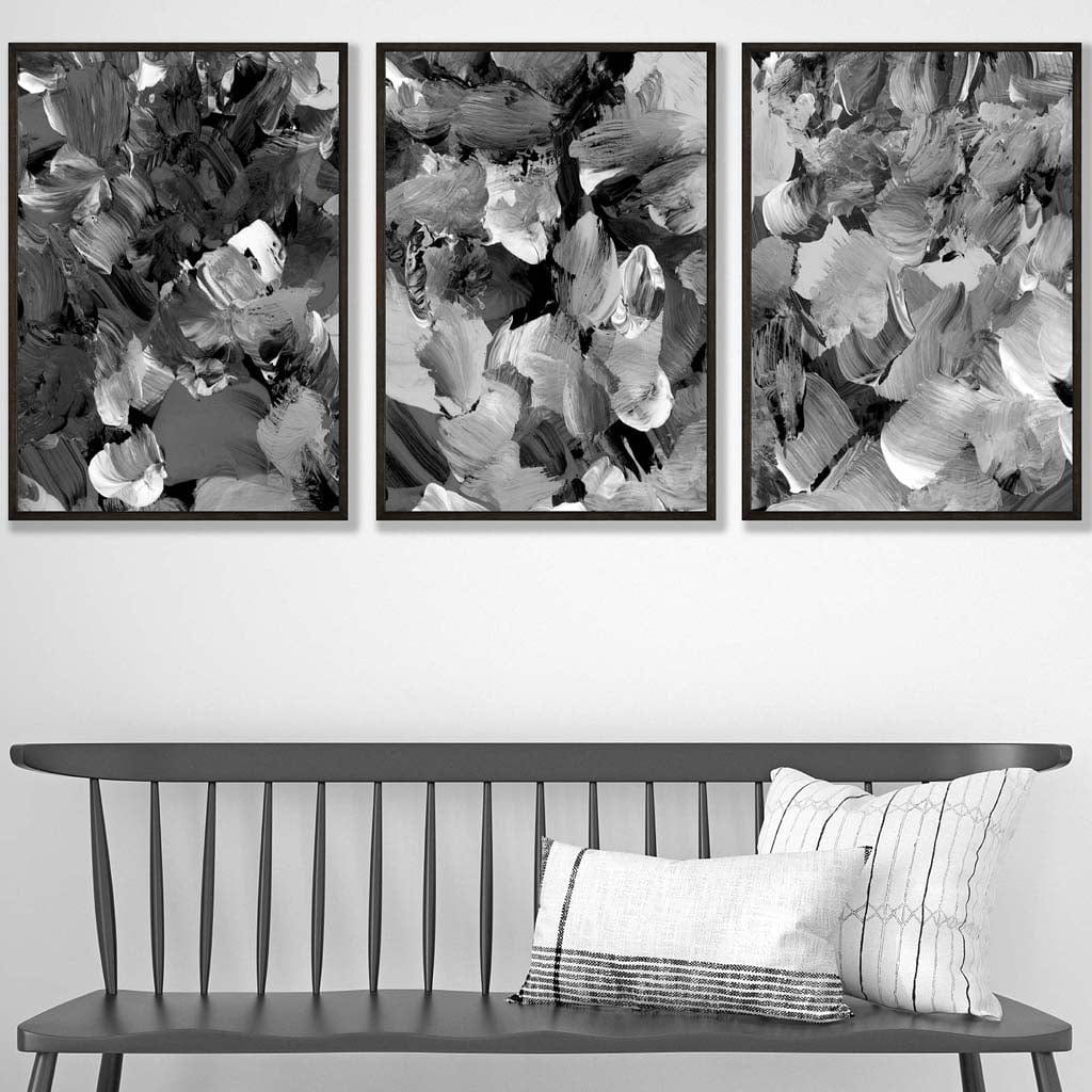 Set of 3 Abstract Wild Garden Flowers in Black and Grey Wall Art Prints