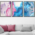 Set of 3 Abstract Fluid Marble in Blue and Pink Wall Art Prints
