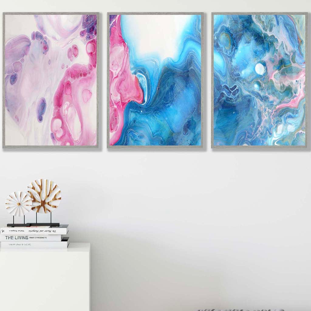 Set of 3 Abstract Fluid Marble in Blue and Pink Wall Art Prints