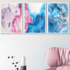 Set of 3 Abstract Fluid Marble in Blue and Pink Wall Art Prints