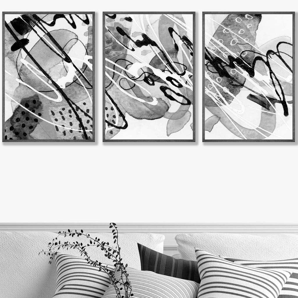 Set of 3 Abstract Watercolour in Black and Grey Wall Art Prints