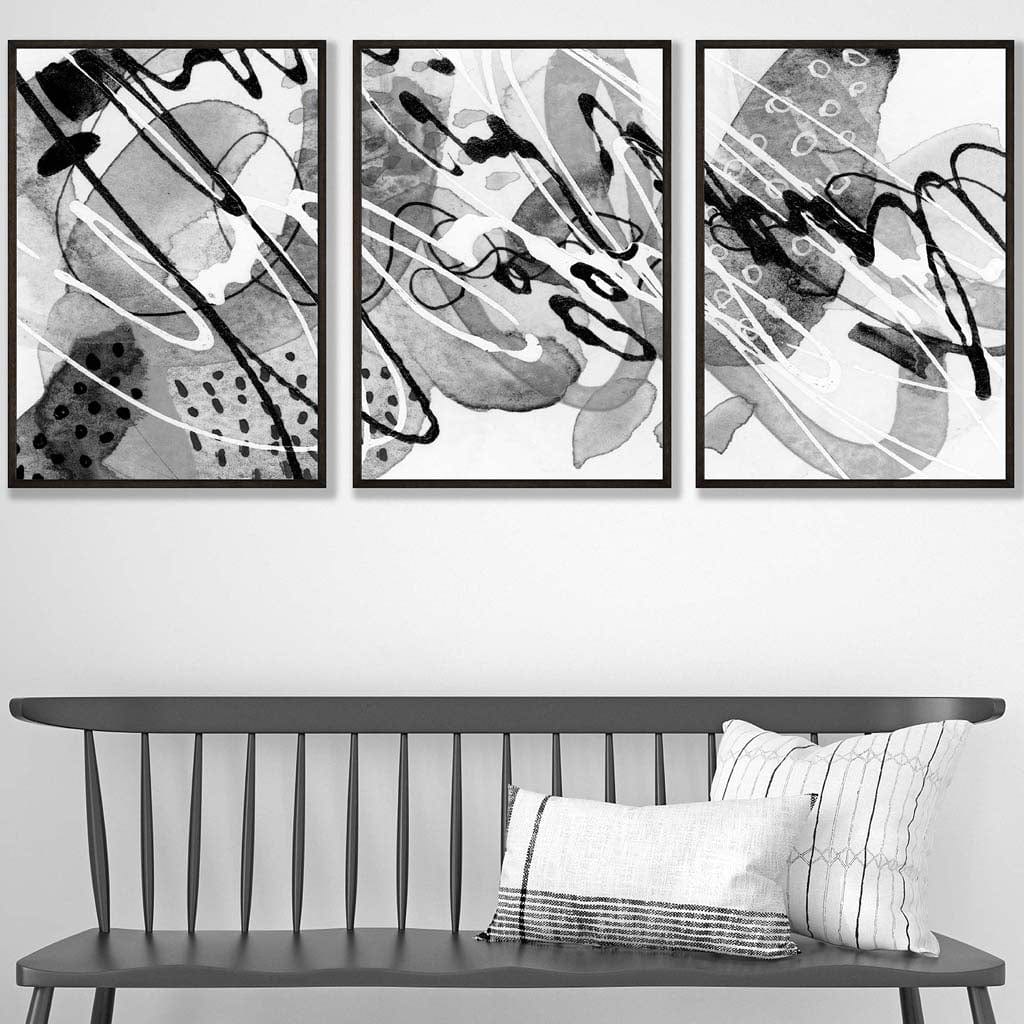 Set of 3 Abstract Watercolour in Black and Grey Wall Art Prints