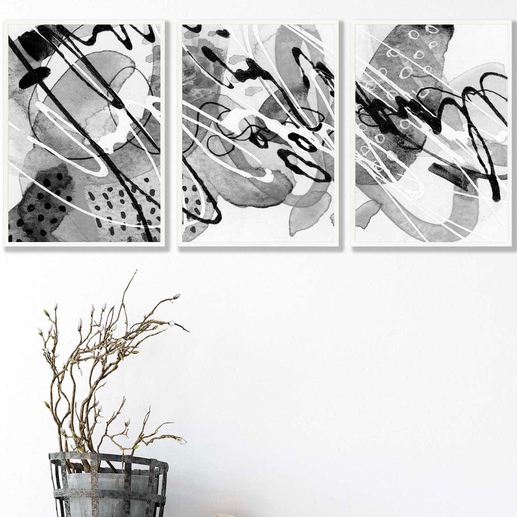 Set of 3 Abstract Watercolour in Black and Grey Wall Art Prints