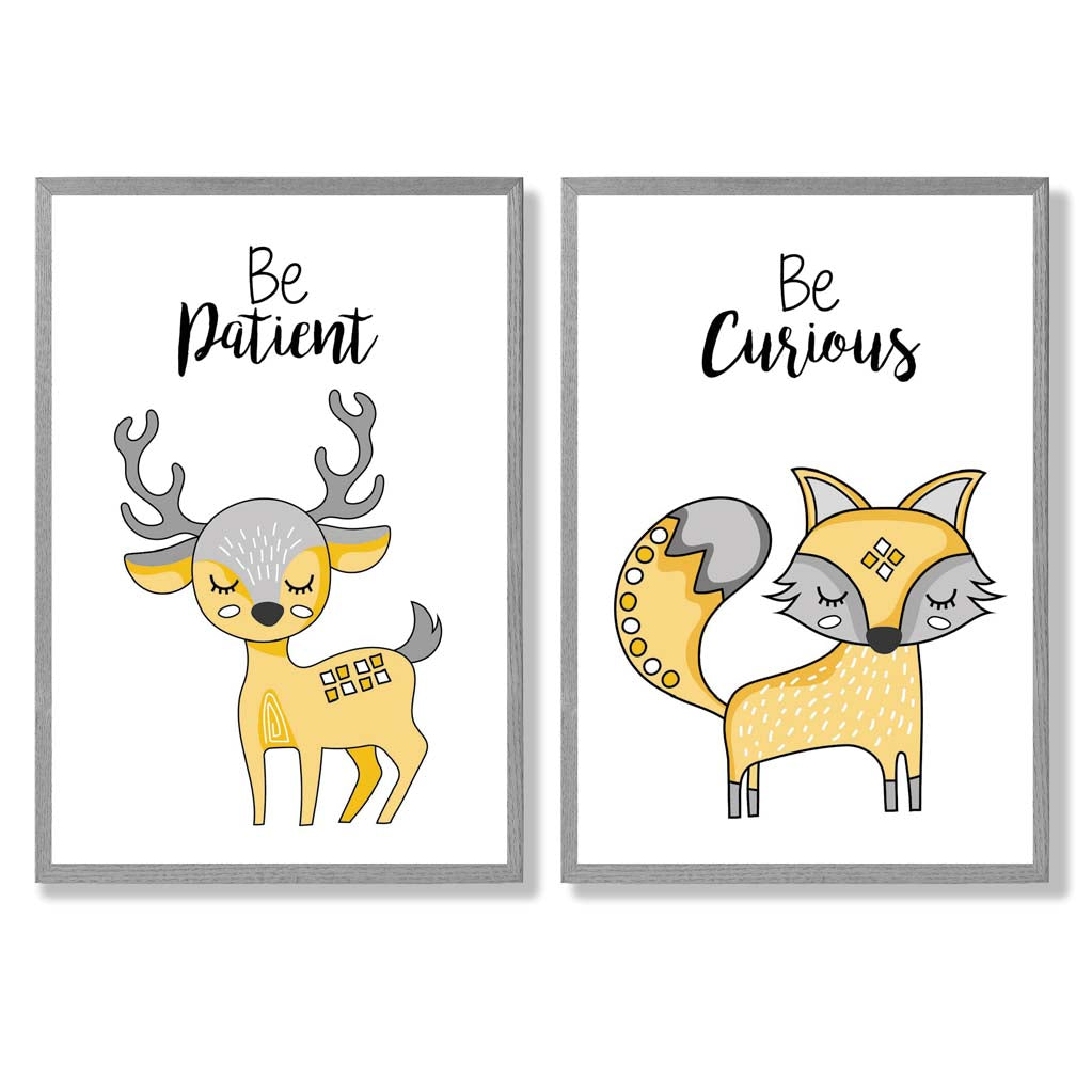 Yellow, Grey Nursery Deer, Fox Set of 2 Art Prints with Light Grey Frame