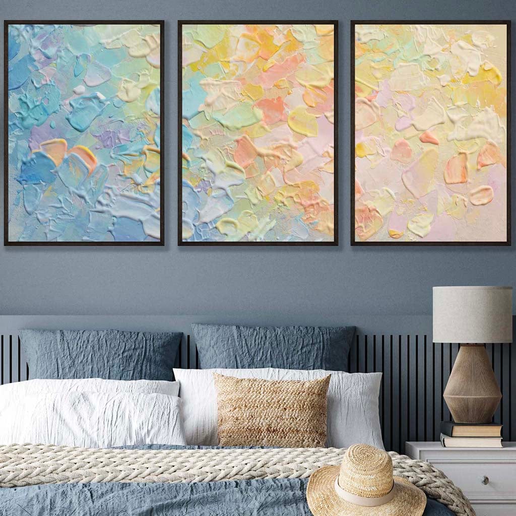 Set of 3 Abstract Palette Oil in Pastel Blue Pink and Yellow Wall Art Prints