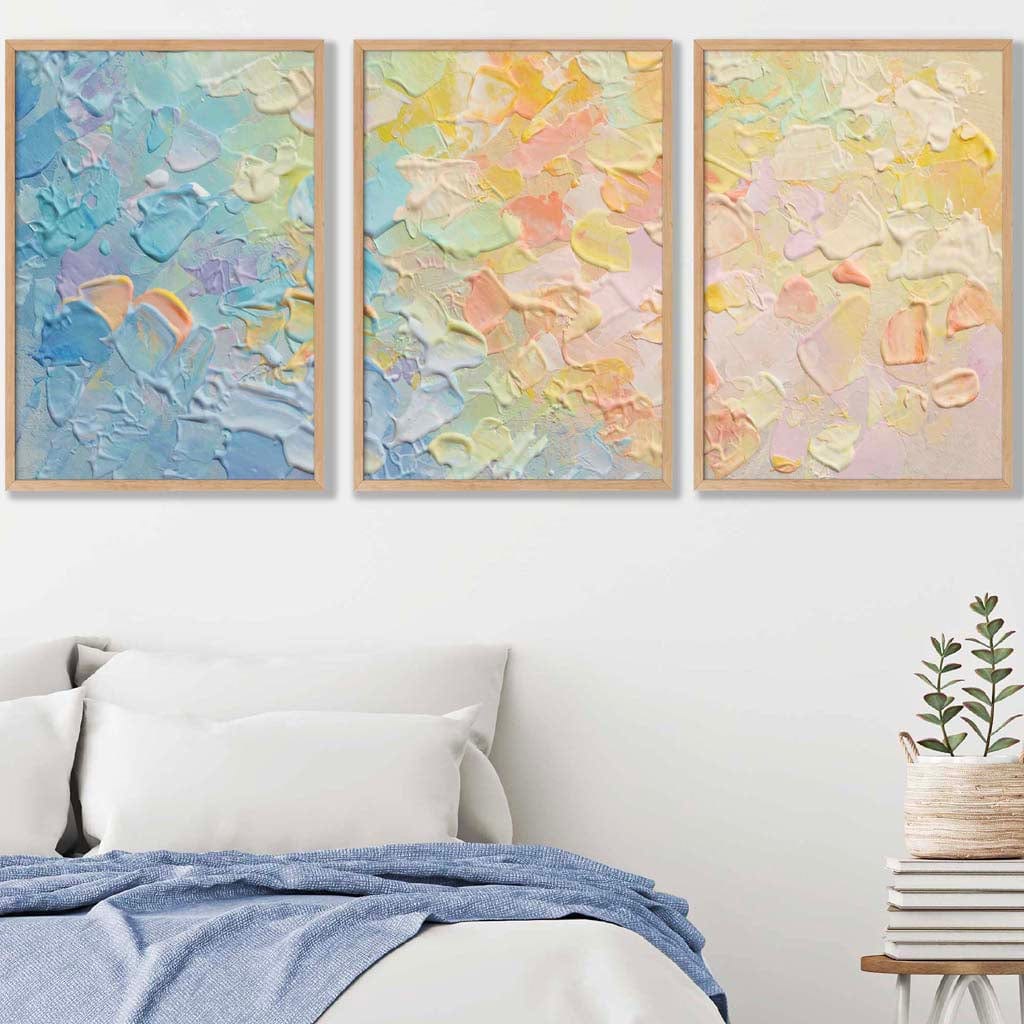 Set of 3 Abstract Palette Oil in Pastel Blue Pink and Yellow Wall Art Prints