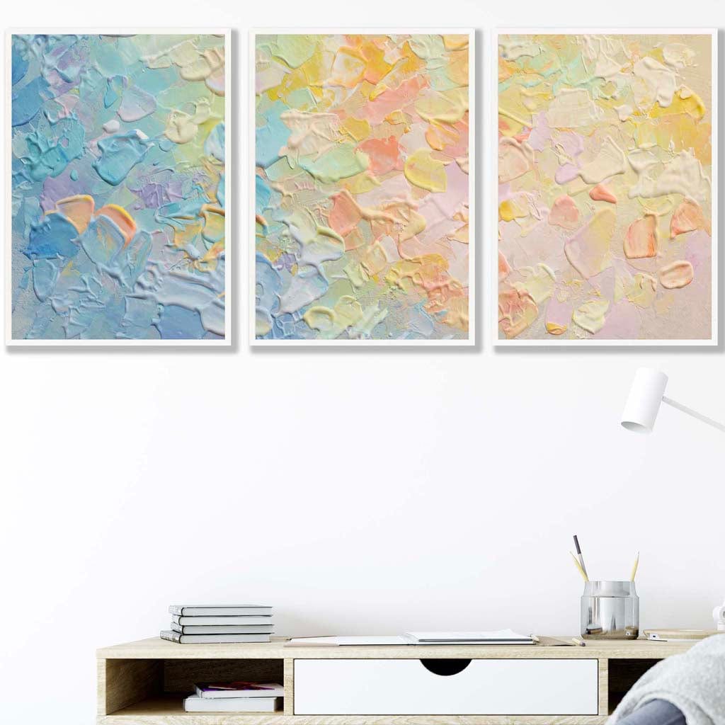 Set of 3 Abstract Palette Oil in Pastel Blue Pink and Yellow Wall Art Prints