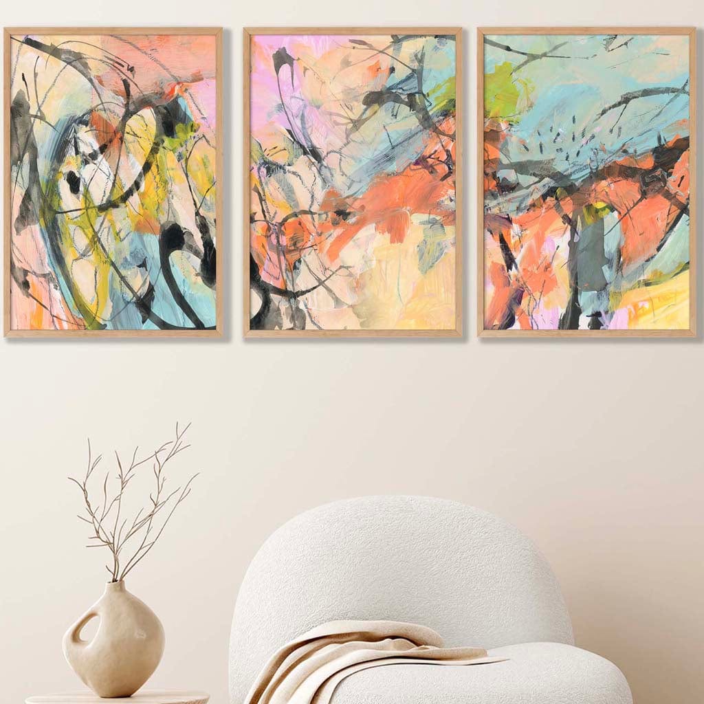 Set of 3 Abstract Watercolour in Blue and Orange Wall Art Prints