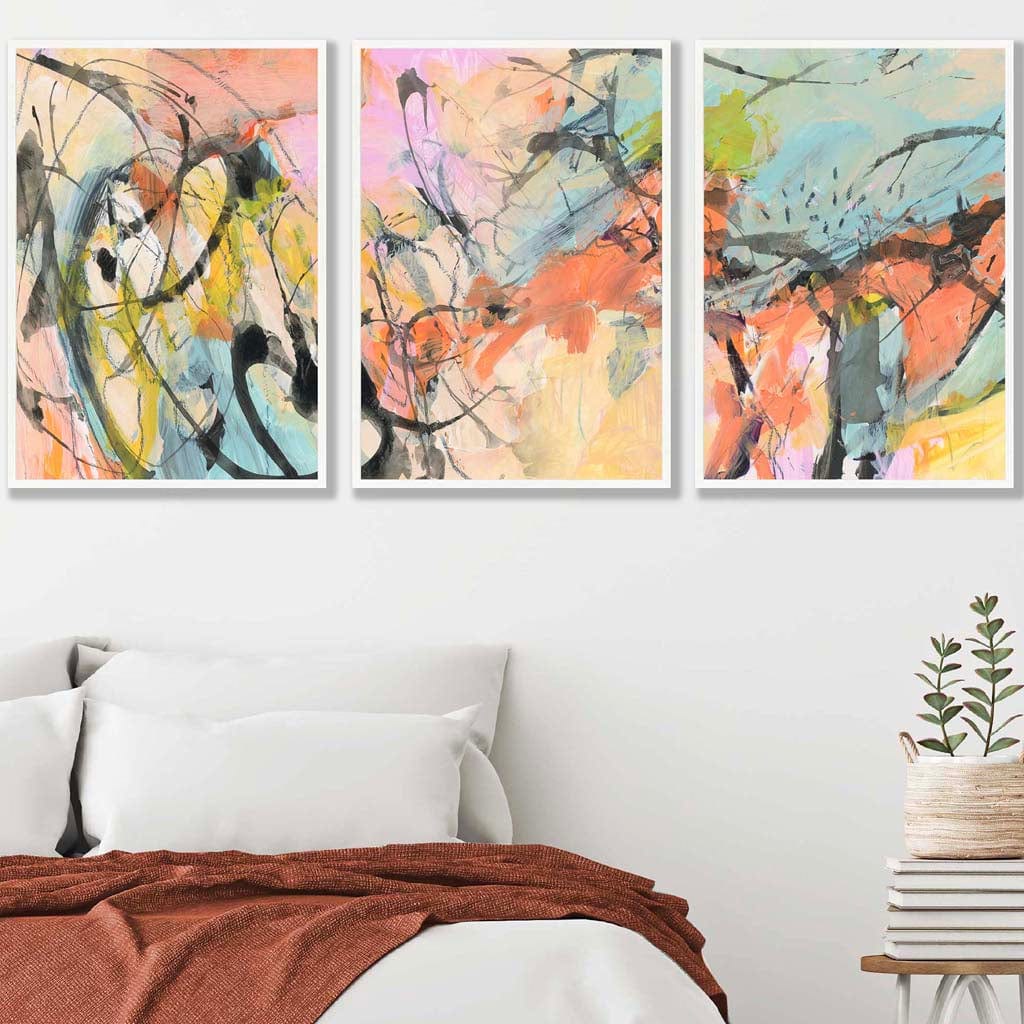 Set of 3 Abstract Watercolour in Blue and Orange Wall Art Prints