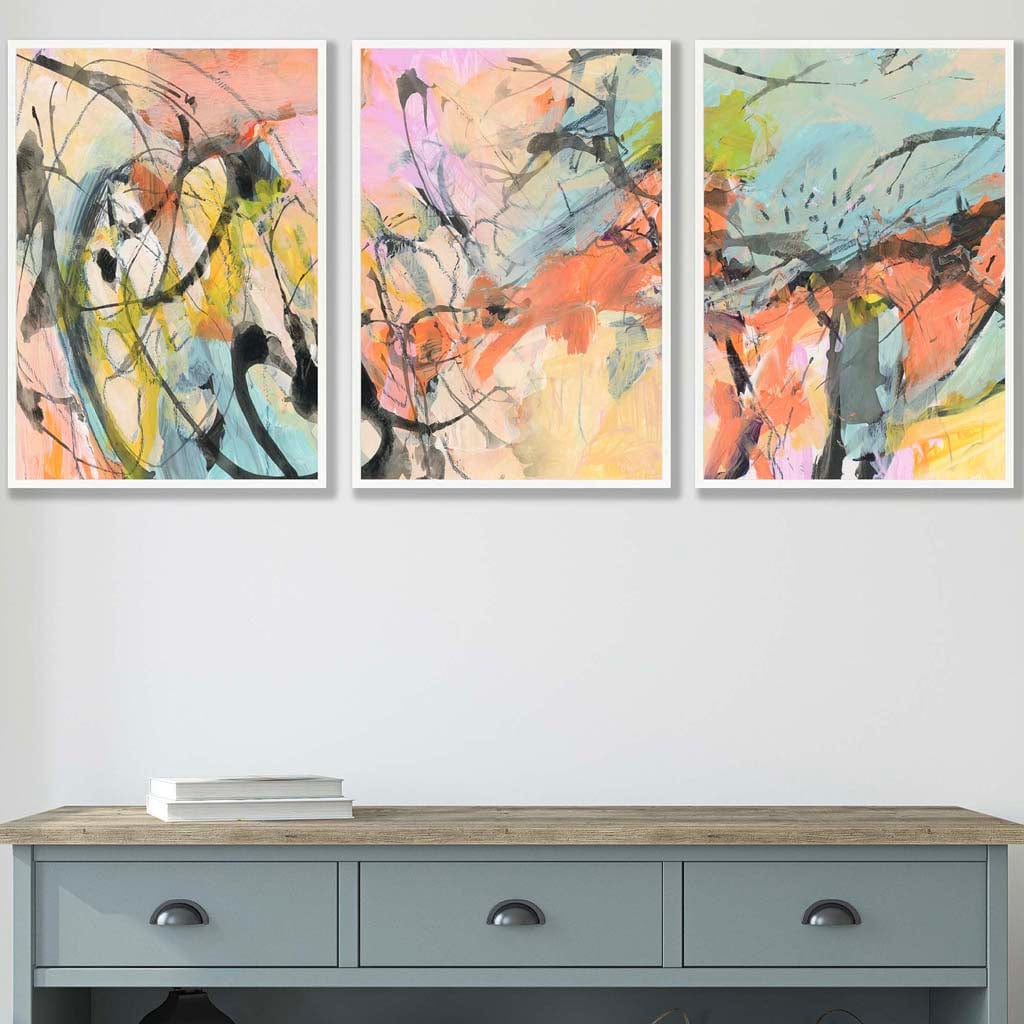 Set of 3 Abstract Watercolour in Blue and Orange Wall Art Prints