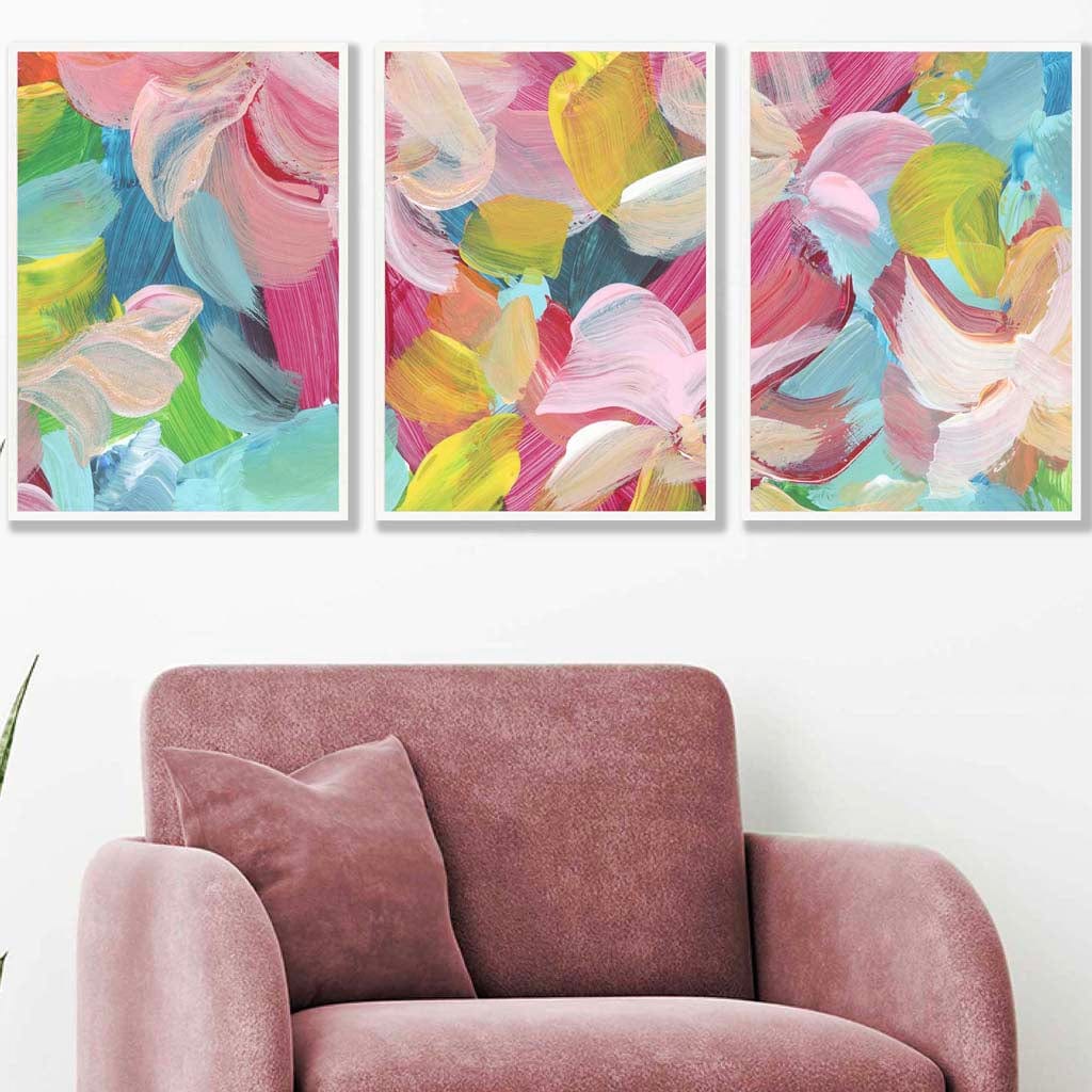 Set of 3 Abstract Wild Garden Flowers in Pink and Blue Wall Art Prints