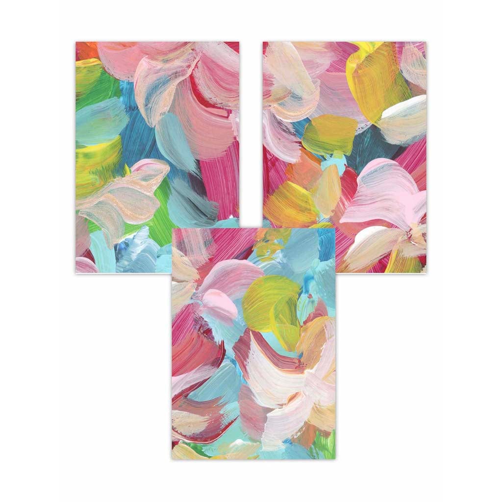 Set of 3 Abstract Wild Garden Flowers in Pink and Blue Wall Art Prints